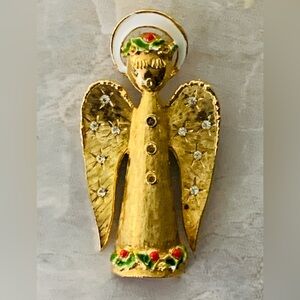 Vintage Golden Angel Brooch with Green and Red Accents